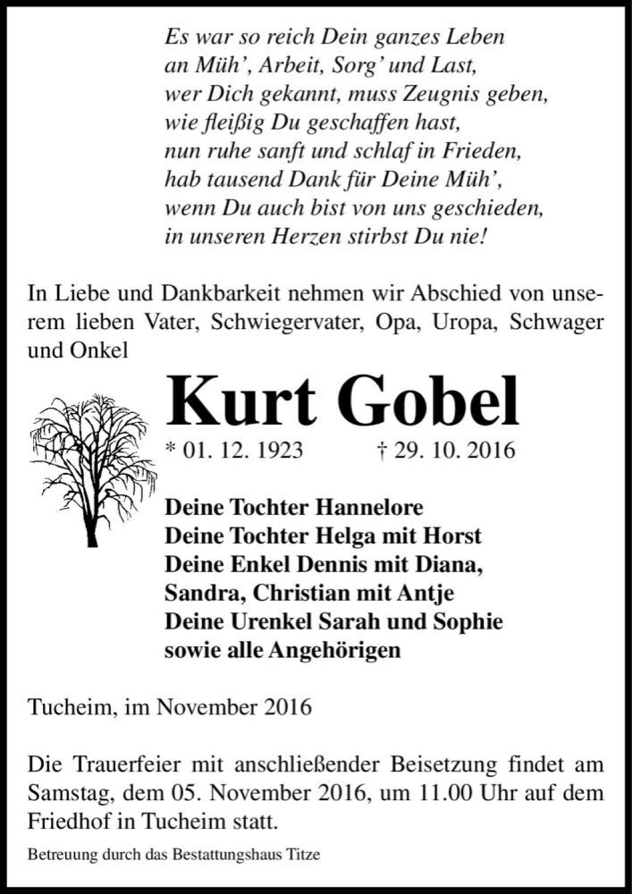  Traueranzeige für Kurt Gobel  vom 03.11.2016 aus Magdeburger Volksstimme