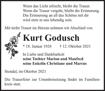 Traueranzeige von Kurt Godusch  von Magdeburger Volksstimme