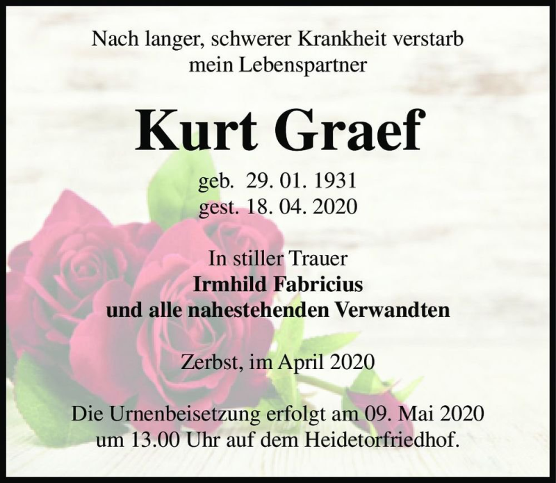  Traueranzeige für Kurt Graef  vom 02.05.2020 aus Magdeburger Volksstimme