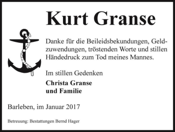 Traueranzeige von Kurt Granse  von Magdeburger Volksstimme