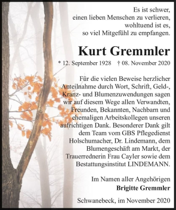 Traueranzeige von Kurt Gremmler  von Magdeburger Volksstimme
