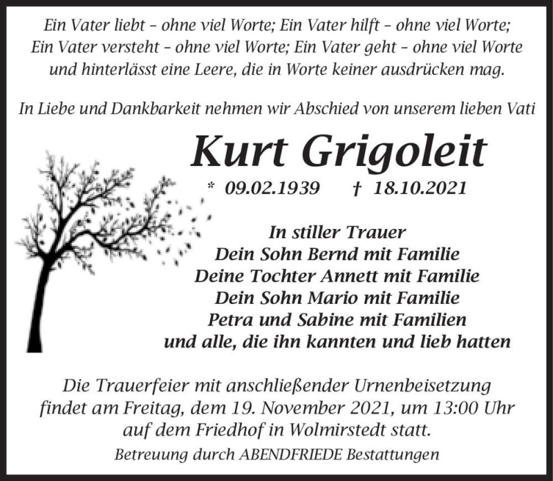  Traueranzeige für Kurt Grigoleit  vom 30.10.2021 aus Magdeburger Volksstimme