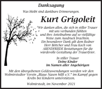 Traueranzeige von Kurt Grigoleit  von Magdeburger Volksstimme
