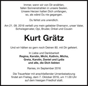 Traueranzeige von Kurt Grätz  von Magdeburger Volksstimme