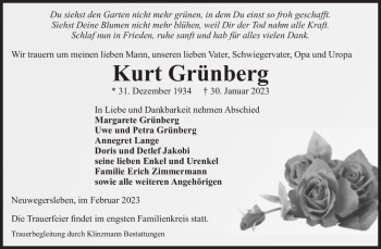 Traueranzeige von Kurt Grünberg  von Magdeburger Volksstimme