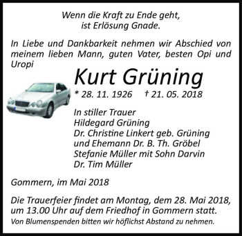 Traueranzeige von Kurt Grüning  von Magdeburger Volksstimme