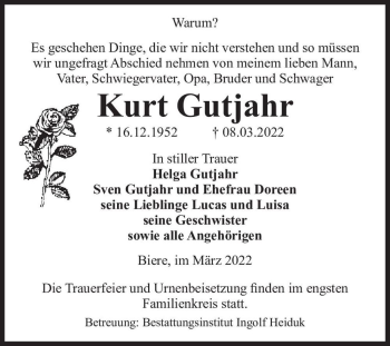 Traueranzeige von Kurt Gutjahr  von Magdeburger Volksstimme