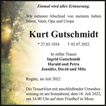 Traueranzeige von Kurt Gutschmidt  von Magdeburger Volksstimme