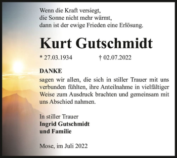 Traueranzeige von Kurt Gutschmidt  von Magdeburger Volksstimme