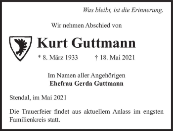 Traueranzeige von Kurt Guttmann  von Magdeburger Volksstimme