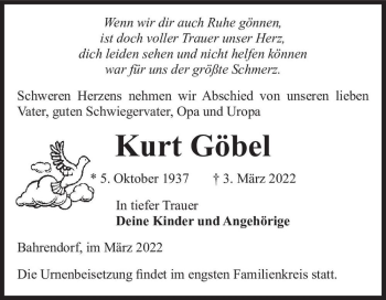 Traueranzeige von Kurt Göbel  von Magdeburger Volksstimme