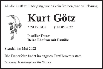 Traueranzeige von Kurt Götz  von Magdeburger Volksstimme