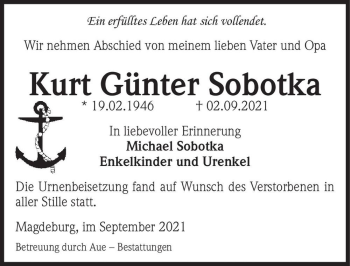 Traueranzeige von Kurt Günter Sobotka  von Magdeburger Volksstimme