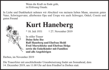 Traueranzeige von Kurt Haneberg  von Magdeburger Volksstimme