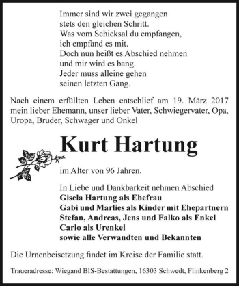 Traueranzeige von Kurt Hartung  von Magdeburger Volksstimme