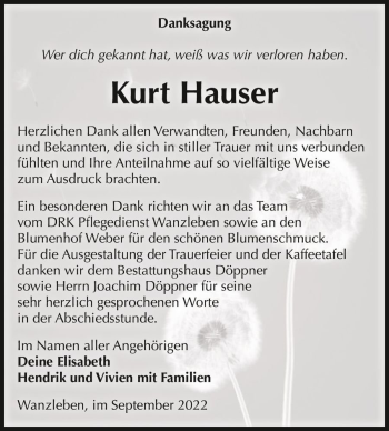 Traueranzeige von Kurt Hauser  von Magdeburger Volksstimme