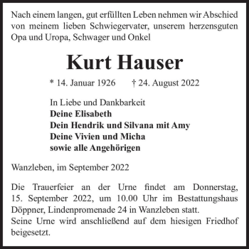 Traueranzeige von Kurt Hauser  von Magdeburger Volksstimme