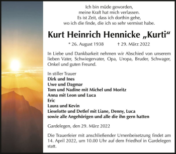 Traueranzeige von Kurt Heinrich Hennicke „Kurti“  von Magdeburger Volksstimme