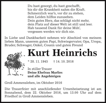 Traueranzeige von Kurt Heinrichs  von Magdeburger Volksstimme
