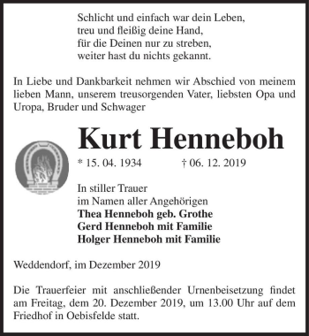 Traueranzeige von Kurt Henneboh  von Magdeburger Volksstimme