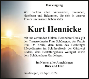 Traueranzeige von Kurt Hennicke  von Magdeburger Volksstimme