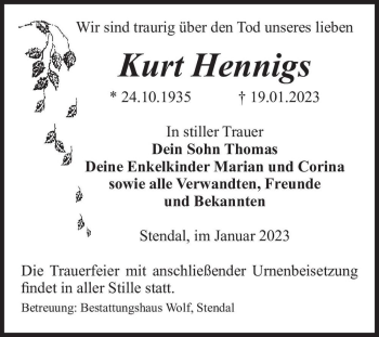 Traueranzeige von Kurt Hennigs  von Magdeburger Volksstimme