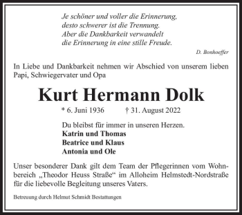 Traueranzeige von Kurt Hermann Dolk  von Magdeburger Volksstimme
