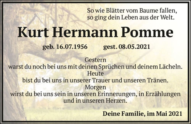  Traueranzeige für Kurt Hermann Pomme  vom 27.05.2021 aus Magdeburger Volksstimme