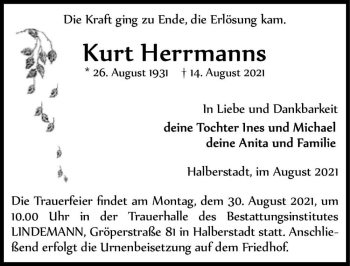 Traueranzeige von Kurt Herrmanns  von Magdeburger Volksstimme