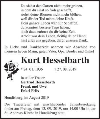 Traueranzeige von Kurt Hesselbarth  von Magdeburger Volksstimme