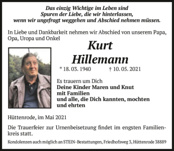 Traueranzeige von Kurt Hillemann  von Magdeburger Volksstimme