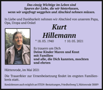 Traueranzeige von Kurt Hillemann  von Magdeburger Volksstimme