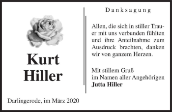 Traueranzeige von Kurt Hiller  von Magdeburger Volksstimme