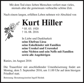 Traueranzeige von Kurt Hiller  von Magdeburger Volksstimme