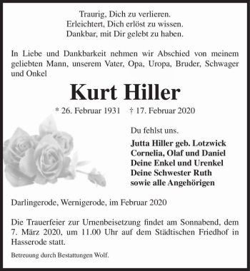 Traueranzeige von Kurt Hiller  von Magdeburger Volksstimme