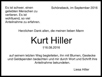 Traueranzeige von Kurt Hiller  von Magdeburger Volksstimme