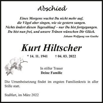 Traueranzeige von Kurt Hiltscher  von Magdeburger Volksstimme