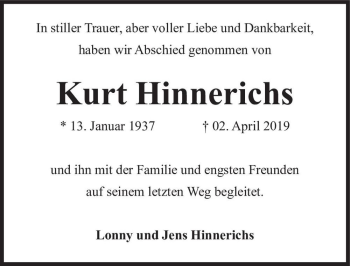 Traueranzeige von Kurt Hinnerichs  von Magdeburger Volksstimme