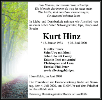 Traueranzeige von Kurt Hinz  von Magdeburger Volksstimme