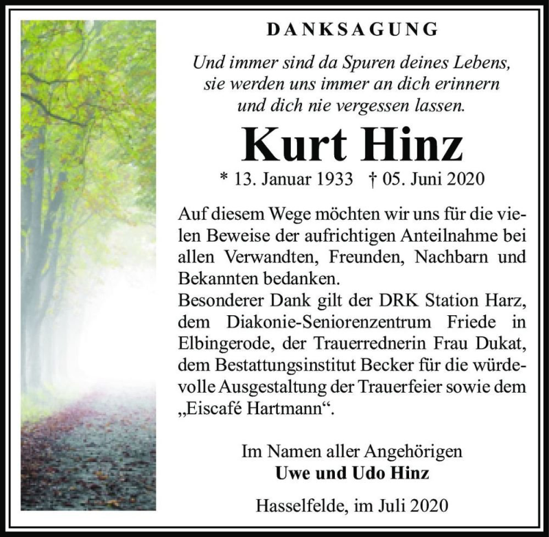  Traueranzeige für Kurt Hinz  vom 11.07.2020 aus Magdeburger Volksstimme