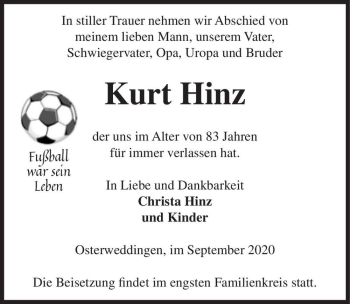 Traueranzeige von Kurt Hinz  von Magdeburger Volksstimme