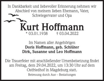 Traueranzeige von Kurt Hoffmann  von Magdeburger Volksstimme