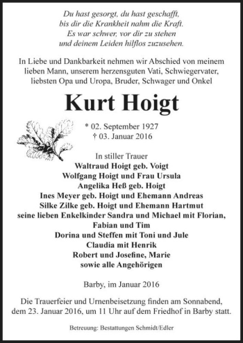 Traueranzeige von Kurt Hoigt  von Magdeburger Volksstimme