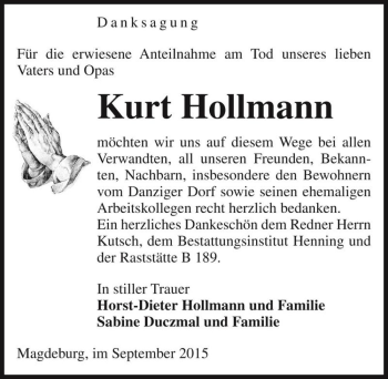 Traueranzeige von Kurt Hollmann  von Magdeburger Volksstimme
