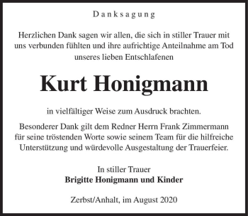 Traueranzeige von Kurt Honigmann  von Magdeburger Volksstimme