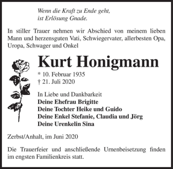 Traueranzeige von Kurt Honigmann  von Magdeburger Volksstimme