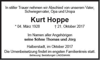 Traueranzeige von Kurt Hoppe  von Magdeburger Volksstimme