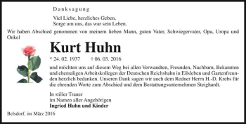 Traueranzeige von Kurt Huhn  von Magdeburger Volksstimme