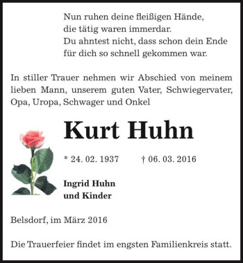 Traueranzeige von Kurt Huhn  von Magdeburger Volksstimme