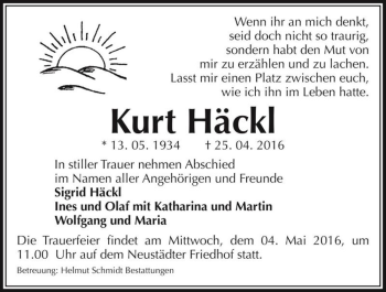Traueranzeige von Kurt Häckl  von Magdeburger Volksstimme